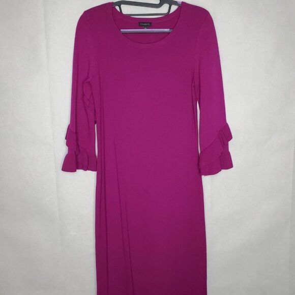 Talbots Ruffled Sleeve Round Neck Midi Knee Length Solid Mulberry Sweaterdress - Picture 4 of 8